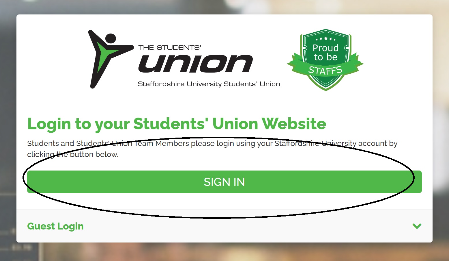 Login page circling green student login button